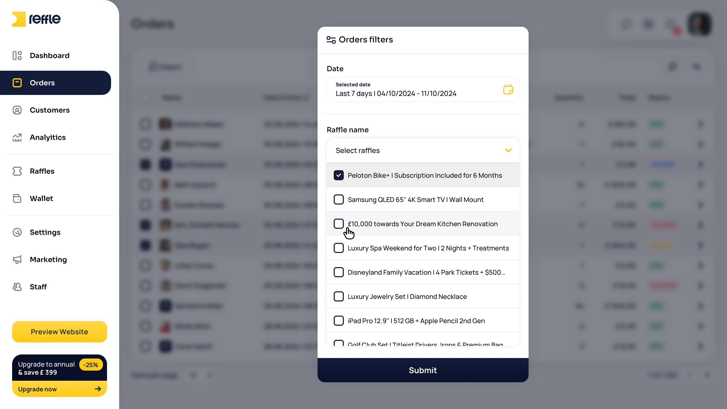 Orders screen 3